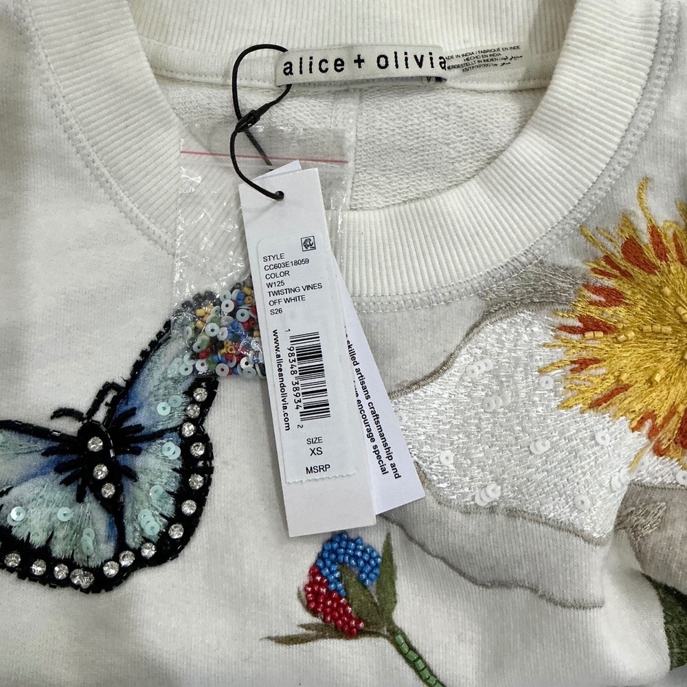Alice + Olivia Russell Embellished Crewneck Sweatshirt Off White Size XS - Picture 13 of 15